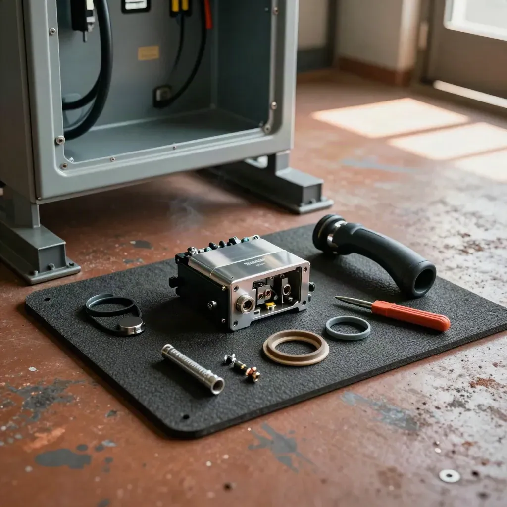 Open EV charger cabinet with repair parts and tools on a workshop mat