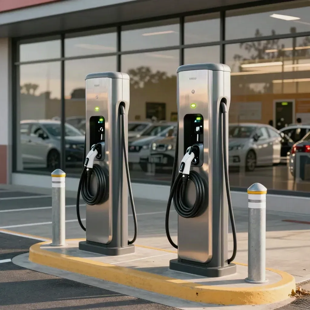 Paired storefront EV chargers beside bollards and wheel stops in a retail lot at late-day light.