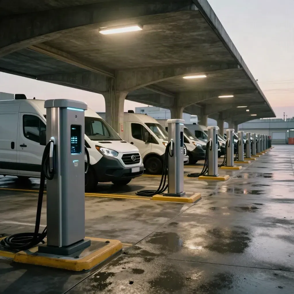 Fleet depot charging lane with pedestals, vans, and canopy receding into hazy dusk light.