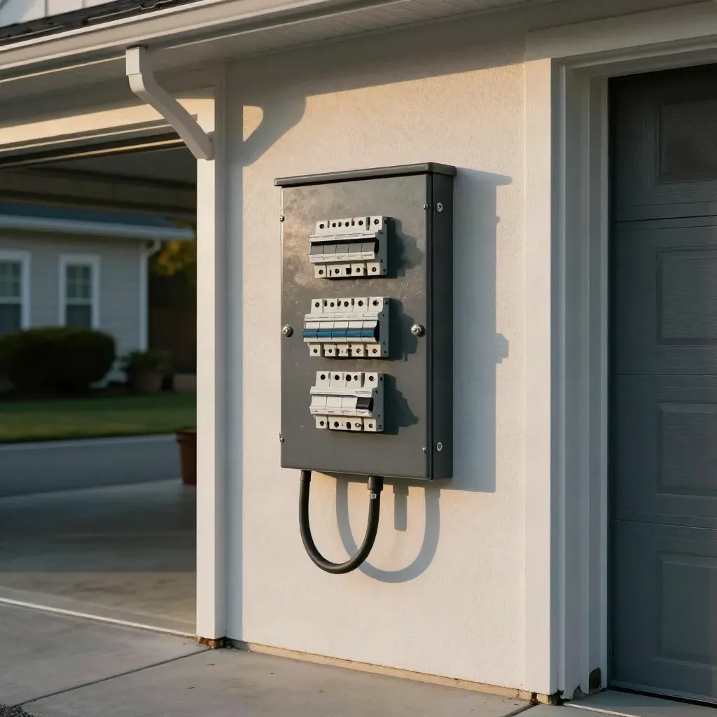Garage EV charger beside a refreshed service panel in a finished suburban install
