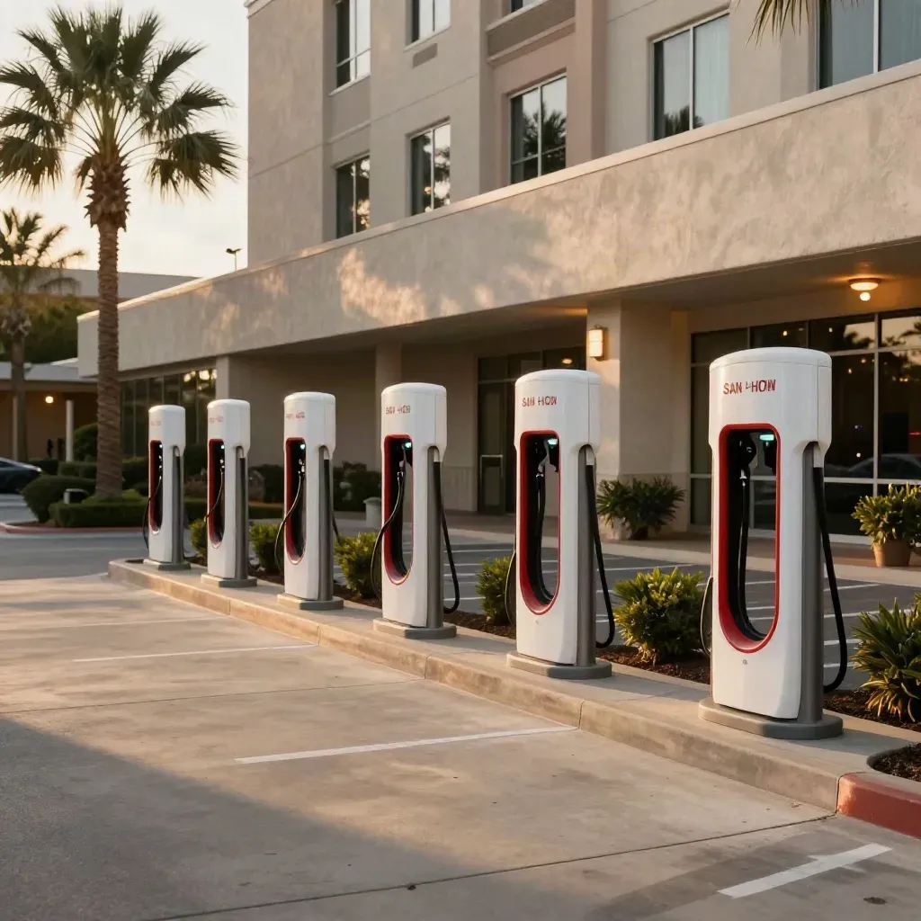 Six EV charger pedestals in a quiet San Antonio hotel court at dusk under palms.