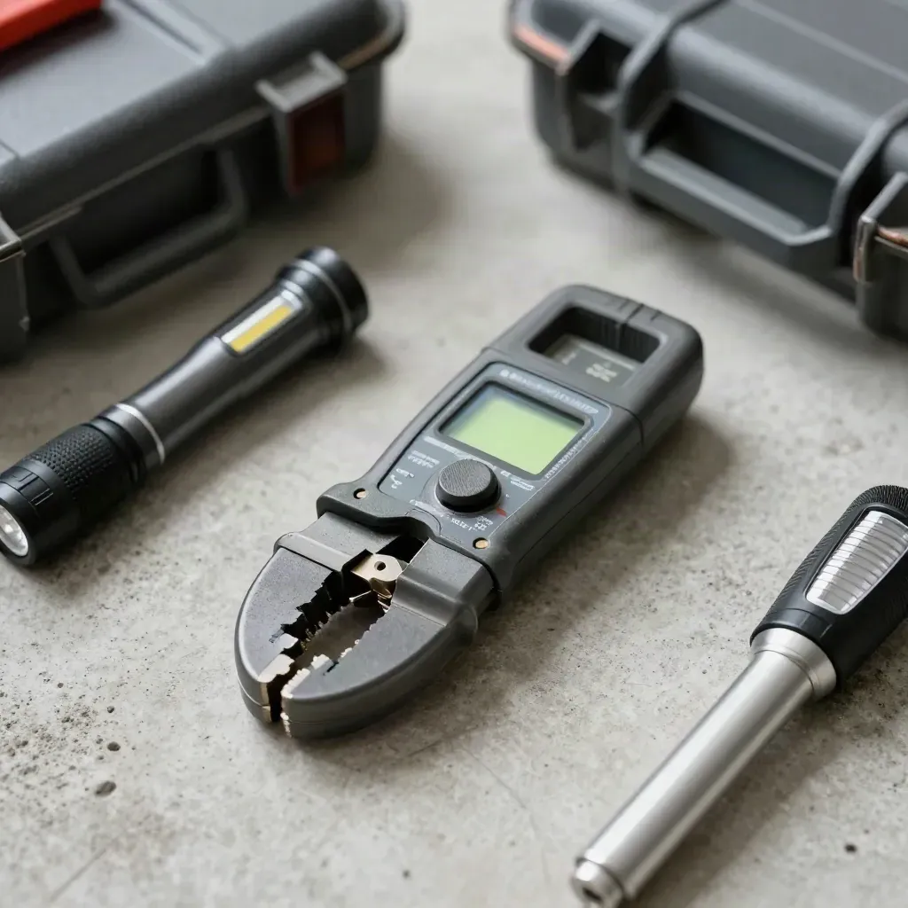 Opened EV survey kit with clamp meter, breaker finder, penlight, and hard case on concrete.