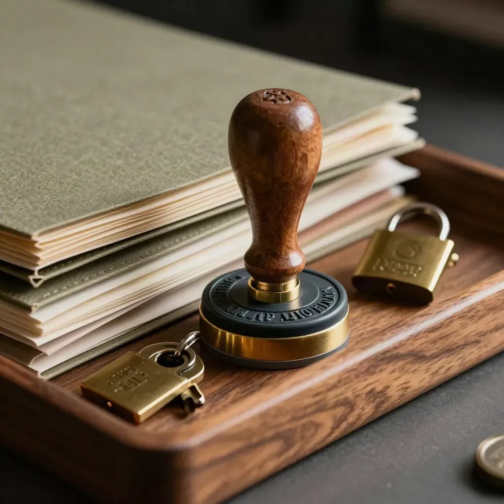 Macro still life of permit tools: embossed seal stamp, file sleeves, brass key tag and key ring on walnut tray