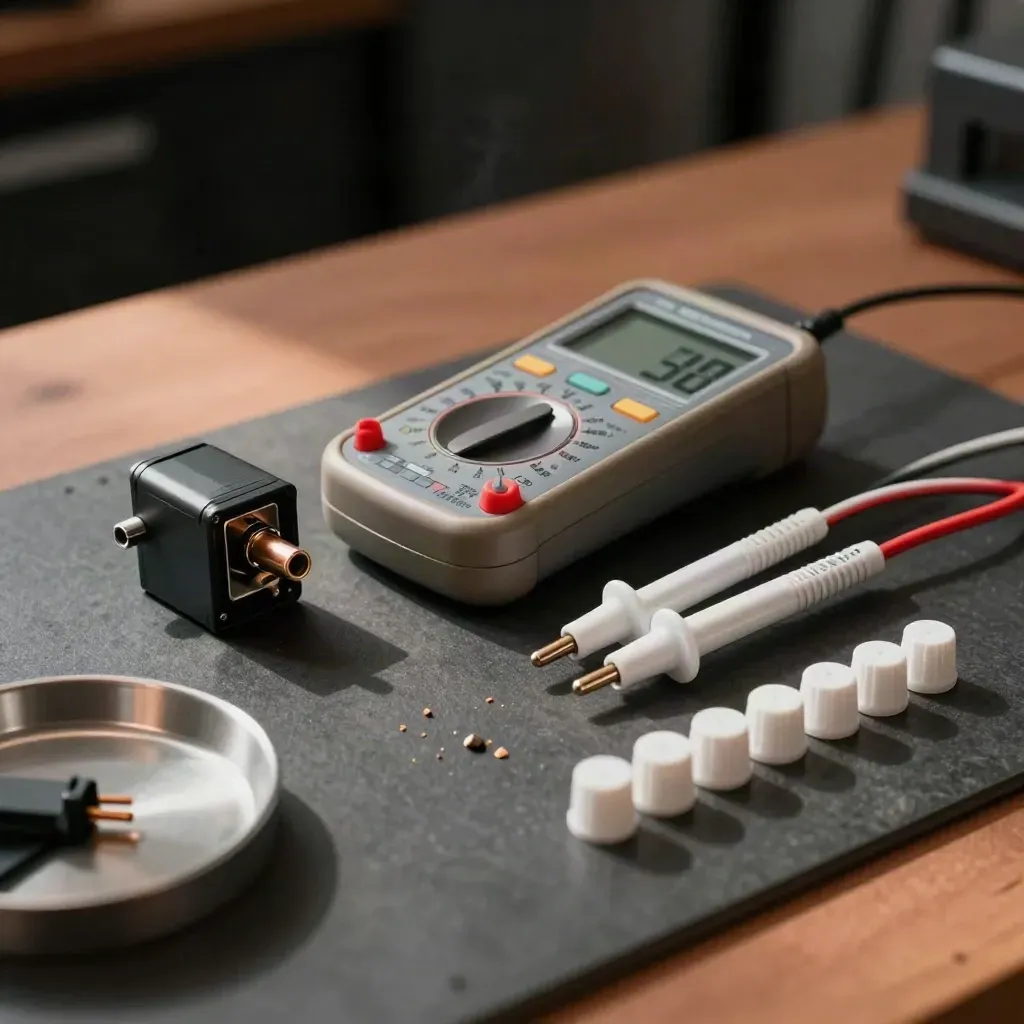 EV charging service tools arranged on a dark benchtop, lit by soft daylight.