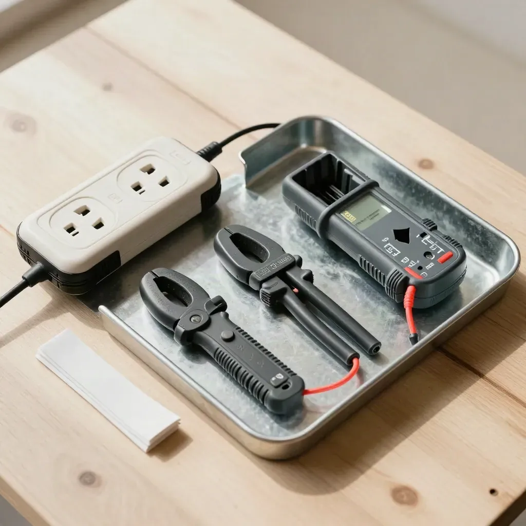 Top-down EV site-check tools on a galvanized tray with pale wood and soft daylight