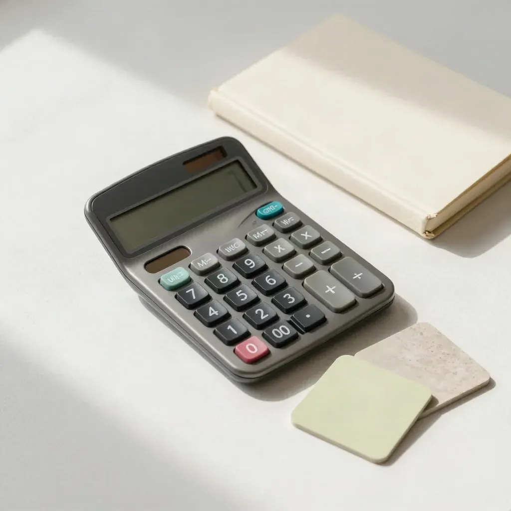 Top-down still life of calculator, notebook, charger sample plate and material swatches on plaster.
