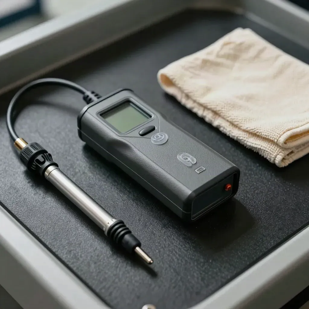 EVSE tester, probe, connector shell and insulation caps on a rubber mat in a service bay.
