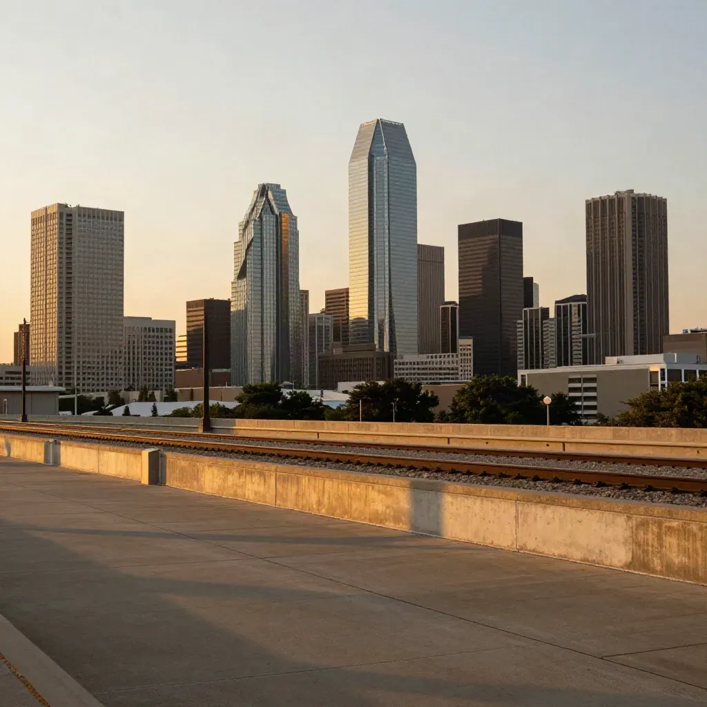 Golden-hour Dallas–Fort Worth skyline over concrete rail lines and open foreground