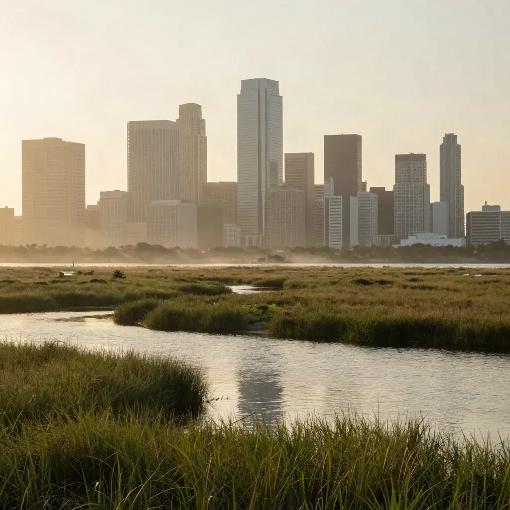 Houston skyline above humid bayou marsh in warm haze, open foreground for copy