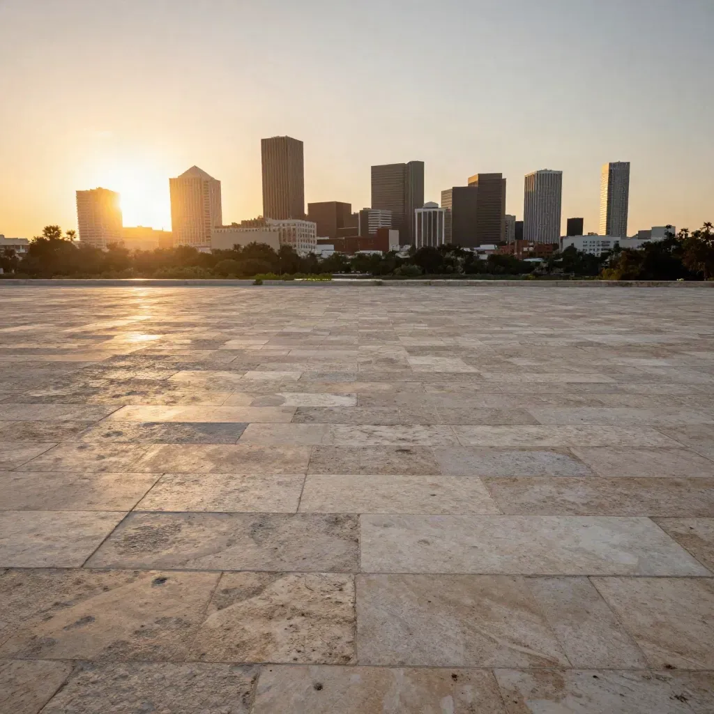 San Antonio skyline above pale limestone ground at golden dusk with calm copy space.
