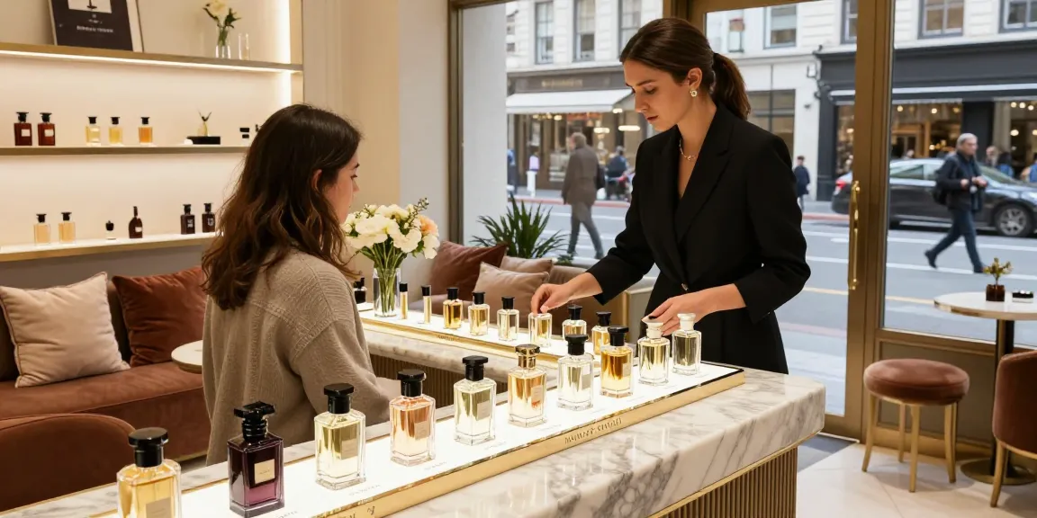 Maison Crivelli luxury perfume display in an elegant boutique with staff assisting customers.