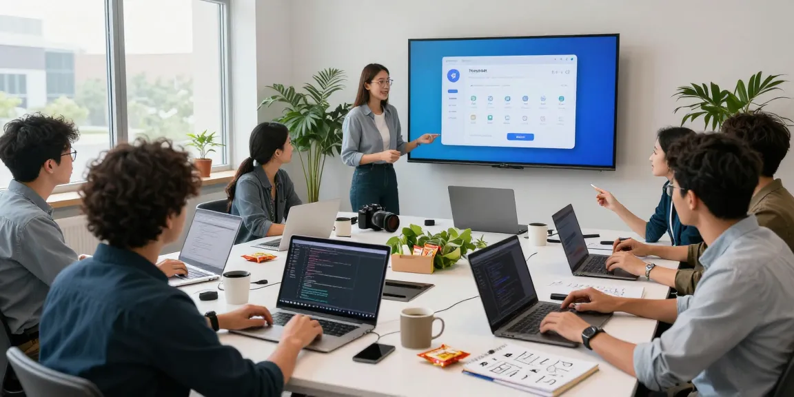 Team in a modern tech workspace discussing telegram中文版下载 features, showcasing collaboration and creativity.