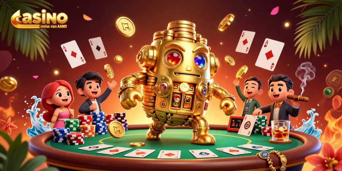 Cattura l'emozione del gioco sui casino online non AAMS con un golem aureo di monete danzanti e un tavolo da poker affollato di fiches colorate.