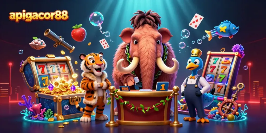 Experience excitement at apigacor88 with vibrant characters amidst a dynamic casino scene.