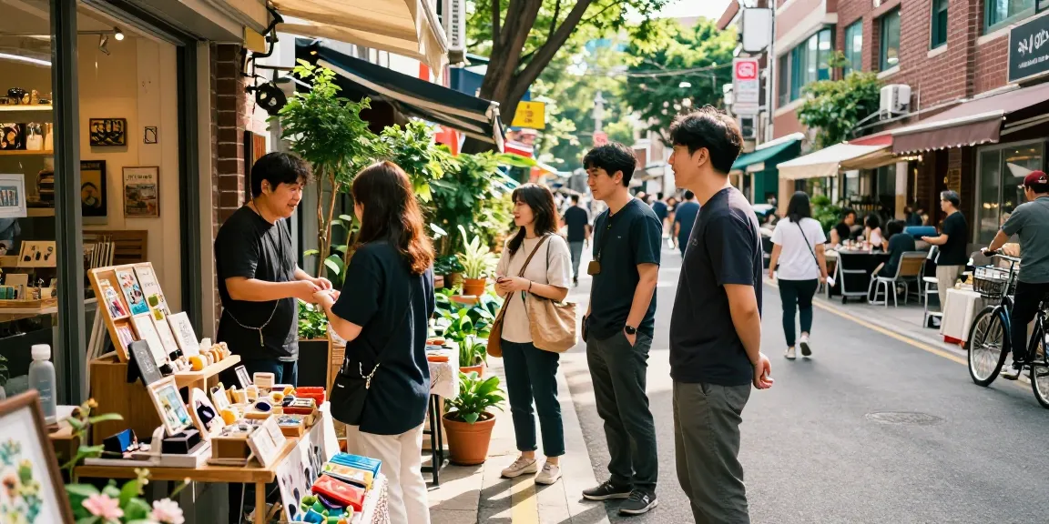 Community shop scene in Seoul highlighting engagement and local products related to https://forumup.org/shop/search.php?ca_id=&addr1=&addr2=&addr3=&schKeyword with warm sunlight and bustling atmospher