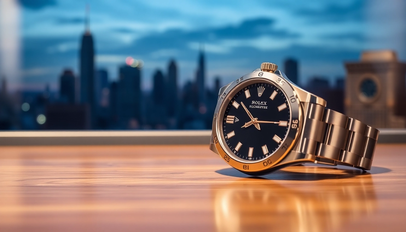 Showcase of a detailed rolex replica watch on a polished wooden surface, highlighting its sophistication.
