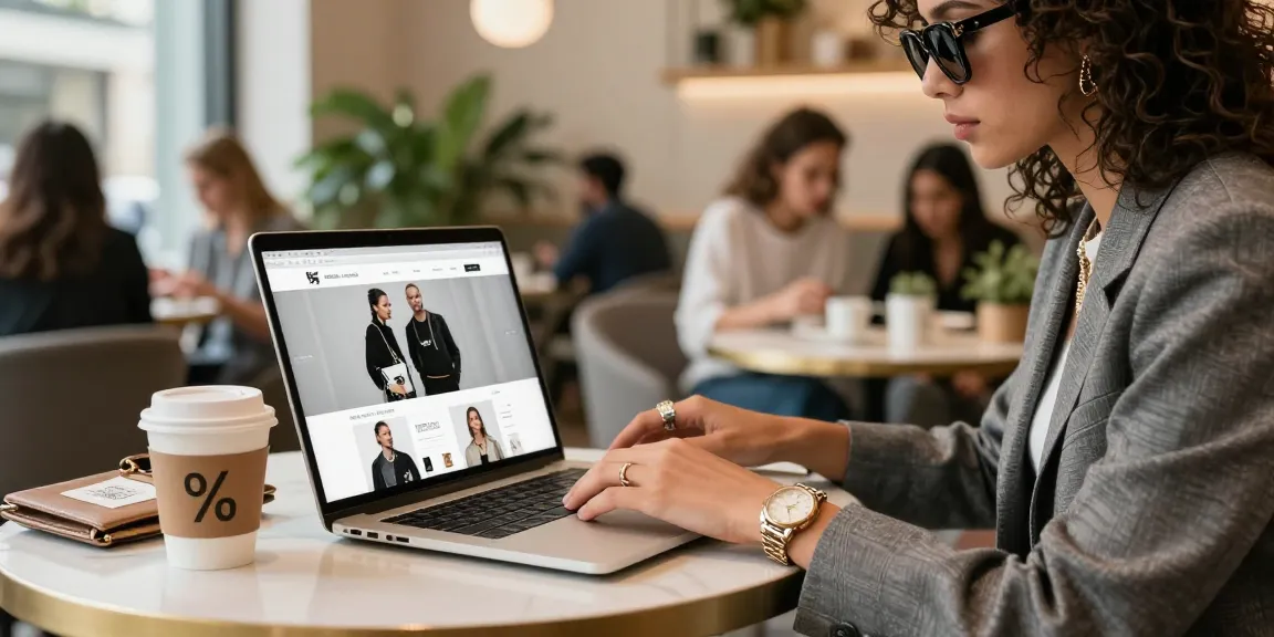 Browsing https://shs-dome5.com/ for trendy replica fashion in a vibrant café, capturing modern urban shopping experience.