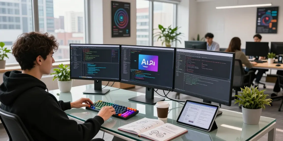 Engaging workspace showcasing a Kobold AI developer at work with advanced technology.