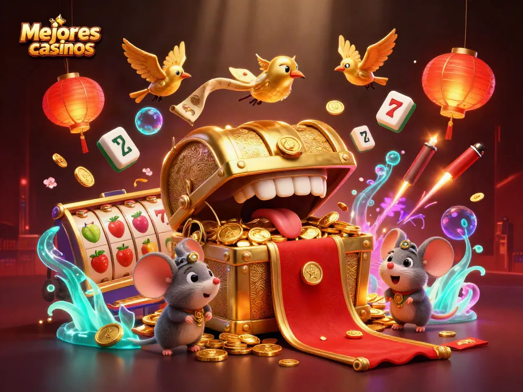 Ilustración vibrante de los mejores casinos, con tragamonedas giratorias y tesoros atractivos.