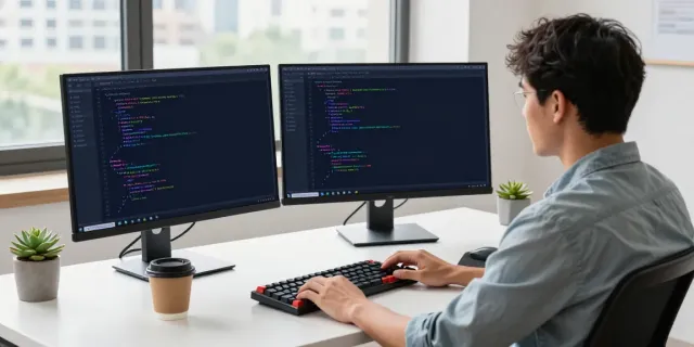 Developer coding in Notepad++ at a modern desk with natural light.