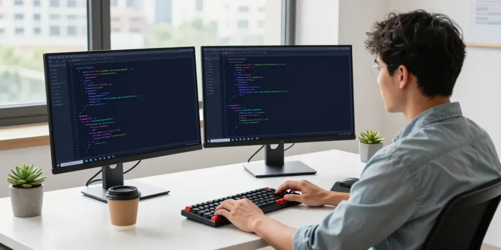 Developer coding in Notepad++ at a modern desk with natural light.