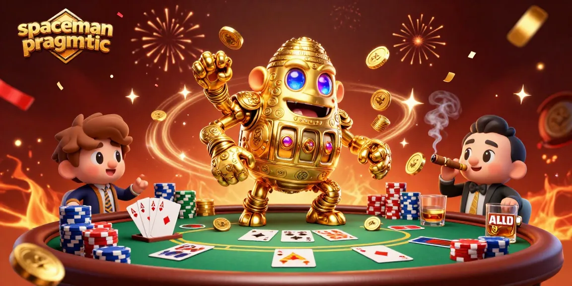 Engage with the vibrant spaceman pragmatic scene featuring a golden golem, poker elements, and festive confetti.