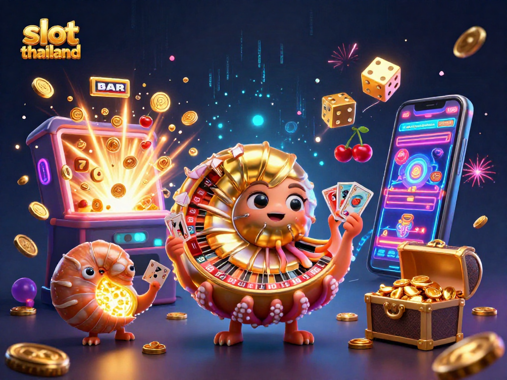 Experience thrilling slot thailand action with a vibrant casino illustration of 3D characters and elements.