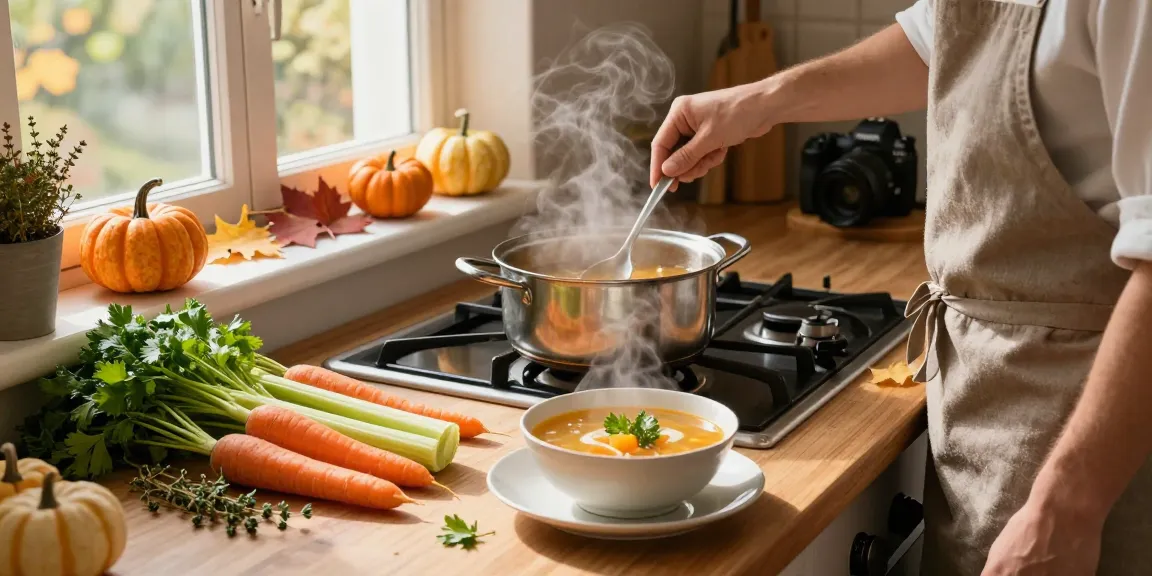 Klare Suppe köchelt in einer gemütlichen Küche mit Zutaten wie Karotten, Sellerie und Kräutern.