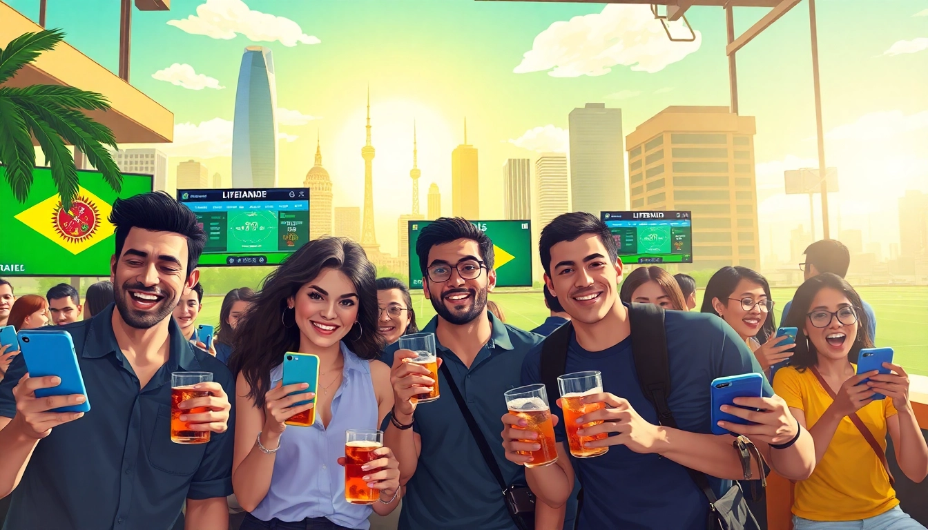 Experience the thrill of the best sportsbooks in Brazil with enthusiastic bettors celebrating their wins.