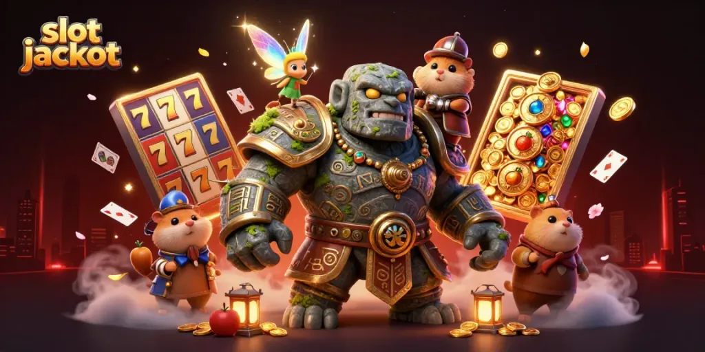Experience the thrilling slot jackpot adventure with a golem guardian and magical companions in this vibrant casino setting.