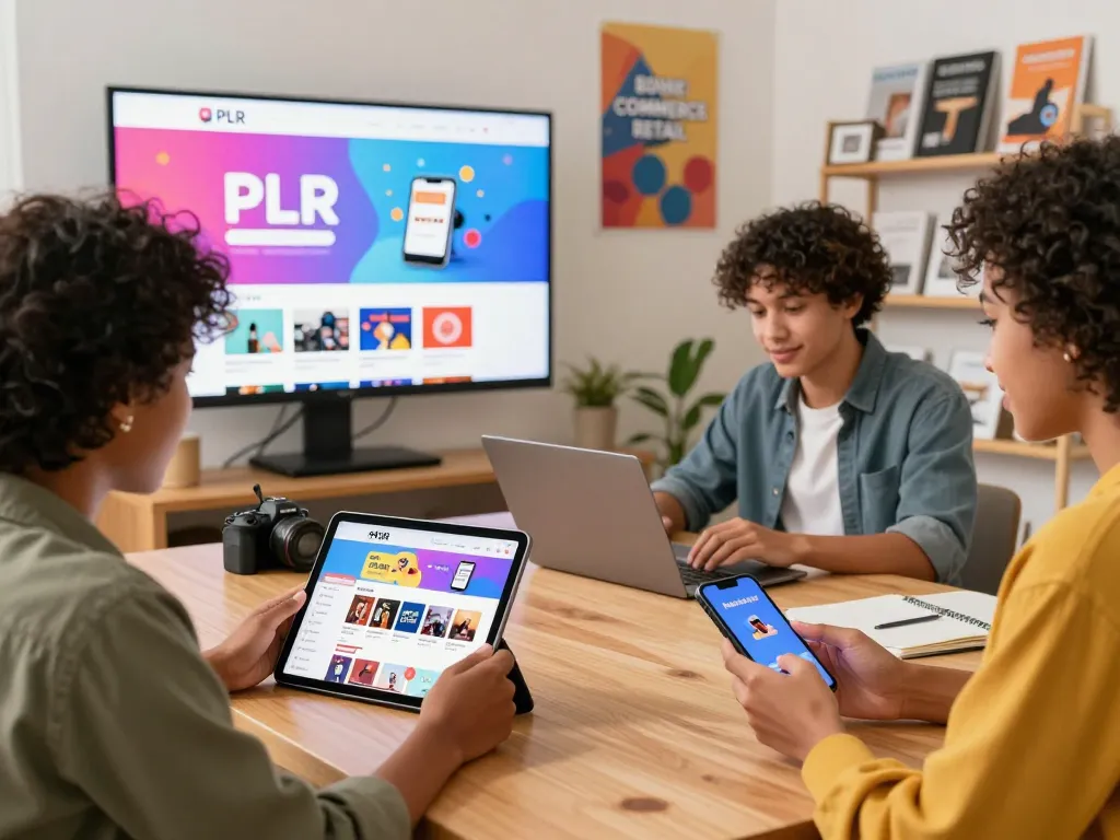 Buy PLR Products Online with individuals browsing diverse digital products in a vibrant e-commerce setting.