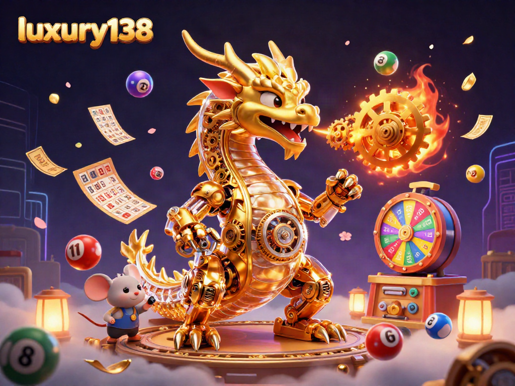 luxury138 merayakan keberuntungan dengan mesin lotre dan kartu bingo penuh warna dalam suasana kasino yang meriah