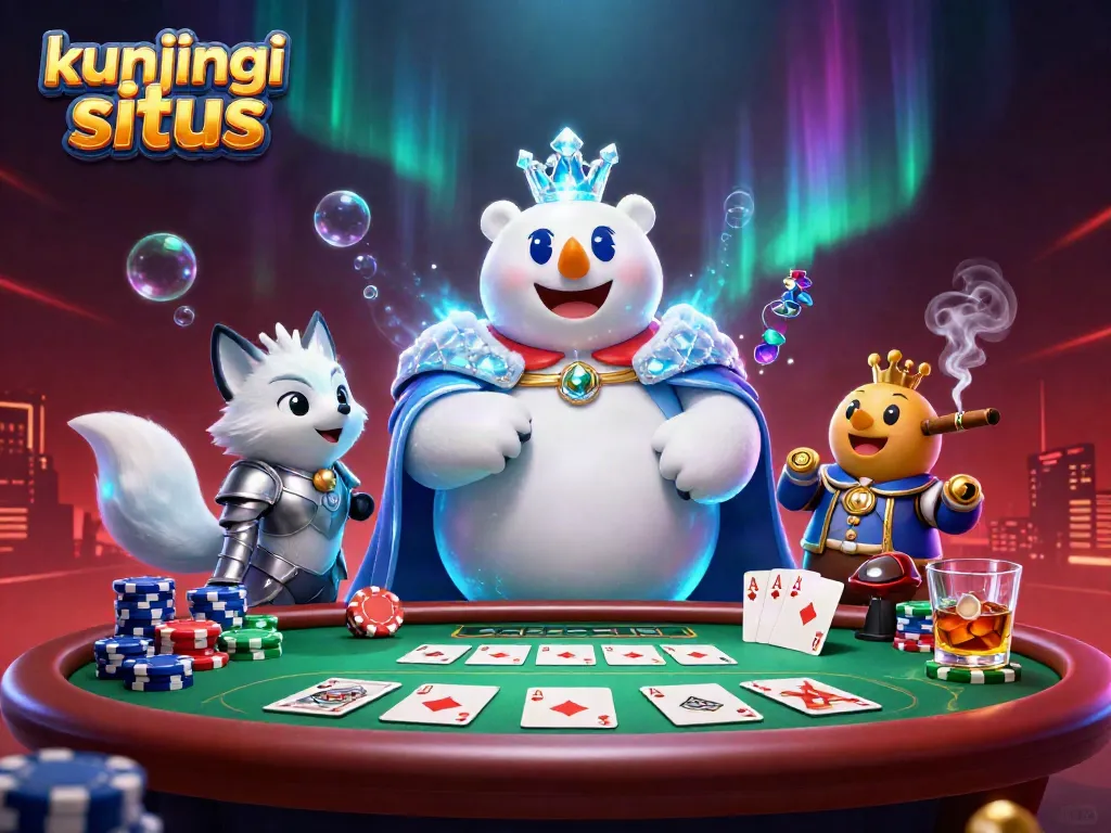 Experience the thrill of gambling as you kunjungi situs showcasing a polar bear king and fox at a vibrant poker game.