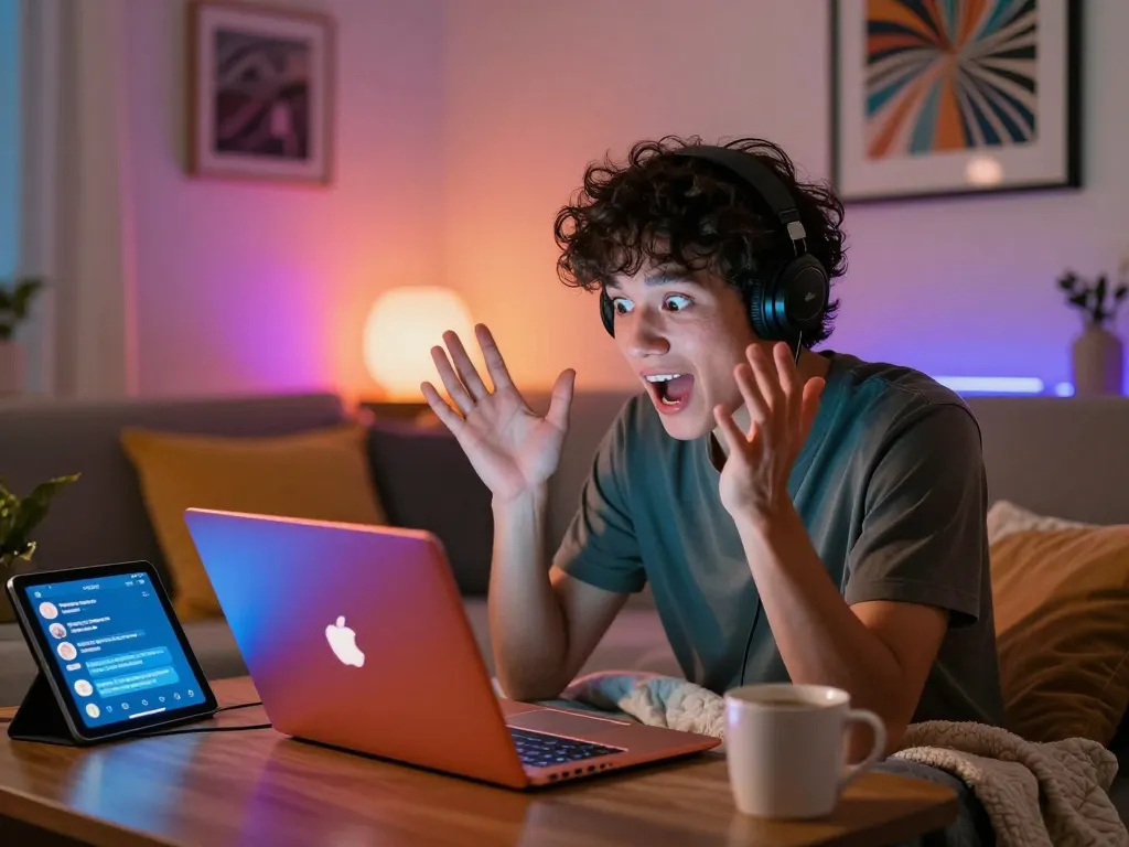 Engaging scene of a person enjoying nsfw ai chat on a vibrant laptop in a cozy room with soft lighting.