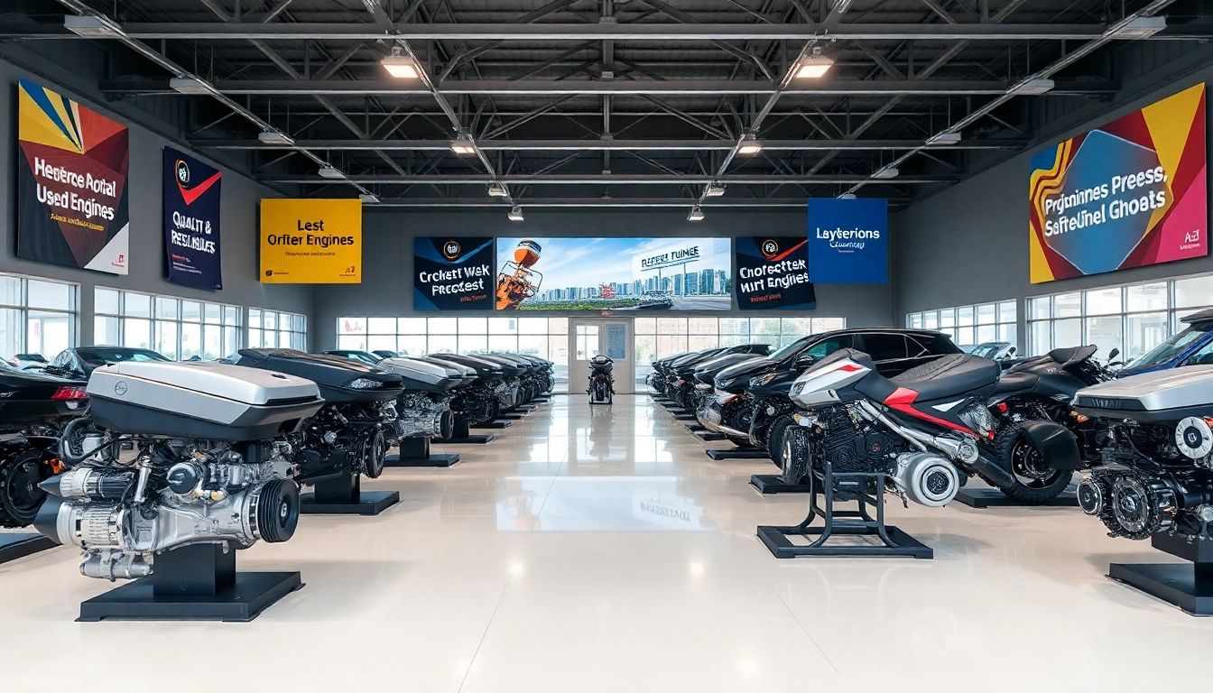 Showcase of used engines in a vibrant showroom environment.