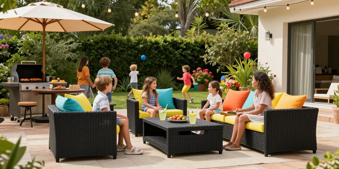 Stylish outdoor scene showcasing affordable patio furniture with vibrant dining set and family gathering.