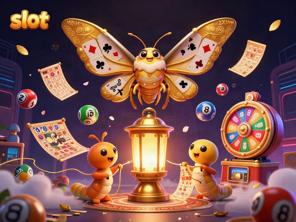 Permainan slot memperlihatkan kupu-kupu raksasa dan elemen kasino yang meriah.