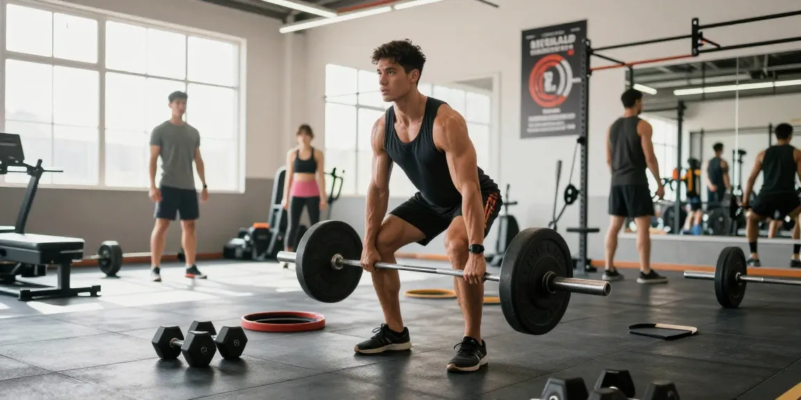 Dedicated athlete lifting weights in a vibrant gym filled with Deus Medical Steroids products.