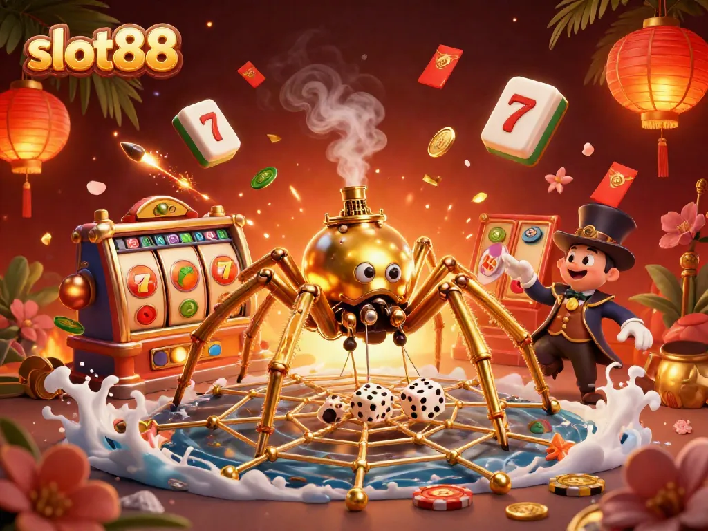 Engage with slot88 in a vibrant casino scene featuring a steampunk spider and colorful game elements.