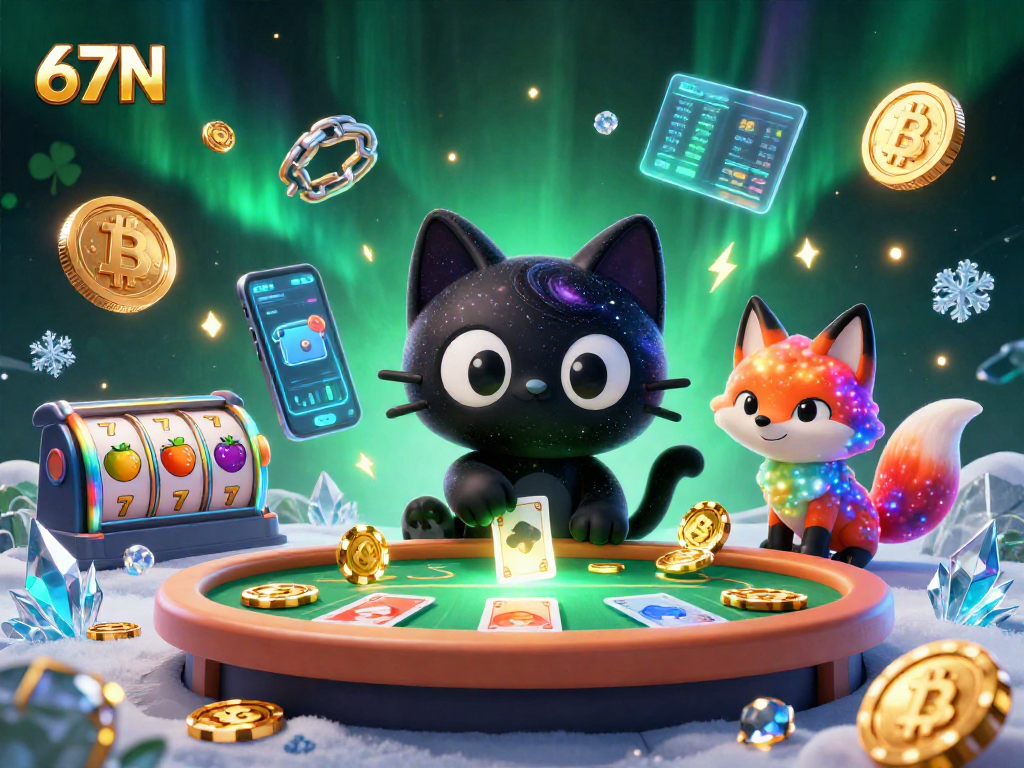 Atraia a sorte no cassino 67N com um gato cósmico e um raposo nebuloso em uma mesa de caça-níqueis.