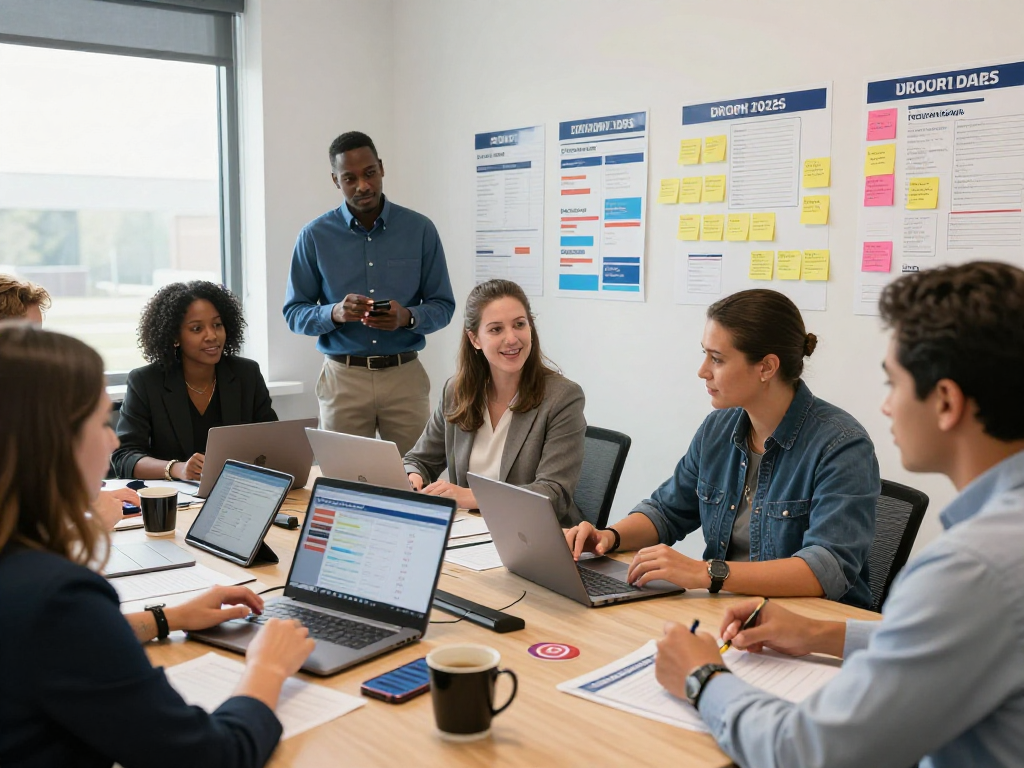 Every door direct mail political team collaborating on campaign strategies in a modern office setting.