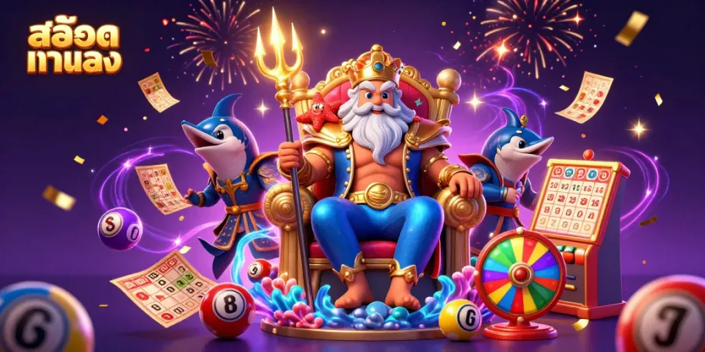 Engage in thrilling play with สล็อตแท้ตรง showcased in a vibrant lottery-themed 3D scene.