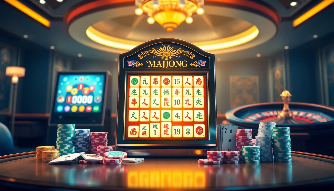 Engage with an exciting mahjong slot demo machine surrounded by vibrant casino elements.