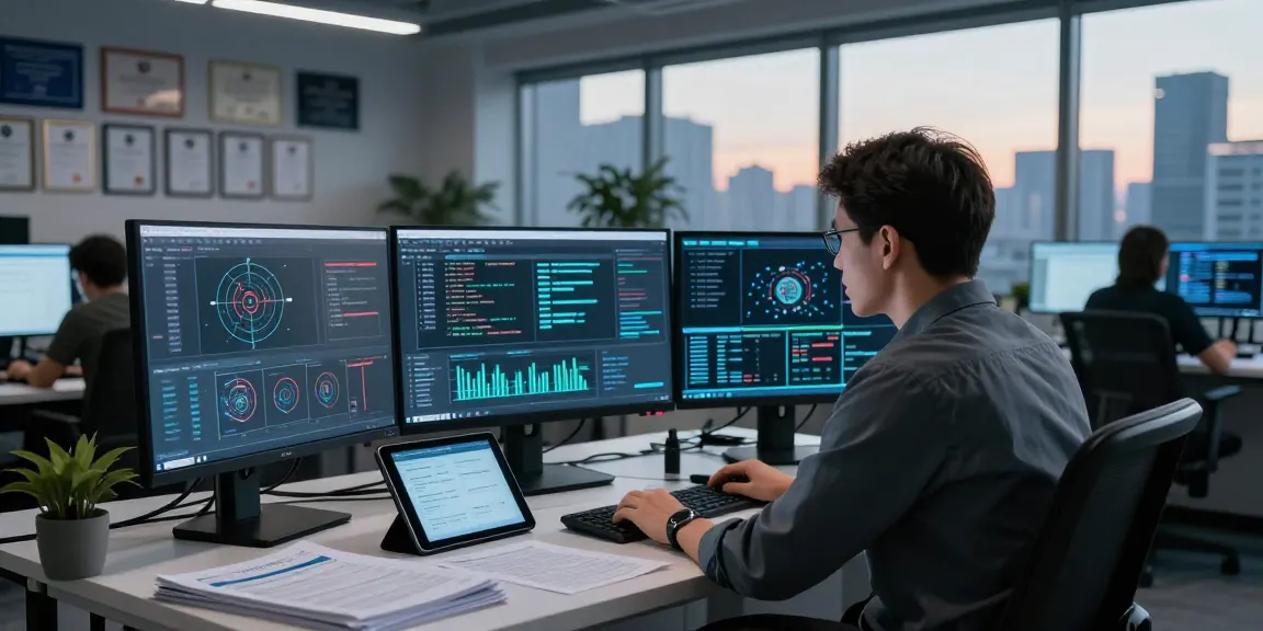 Cybersecurity expert analyzing threat detection at https://shs-dome5.com/ in modern office setup.