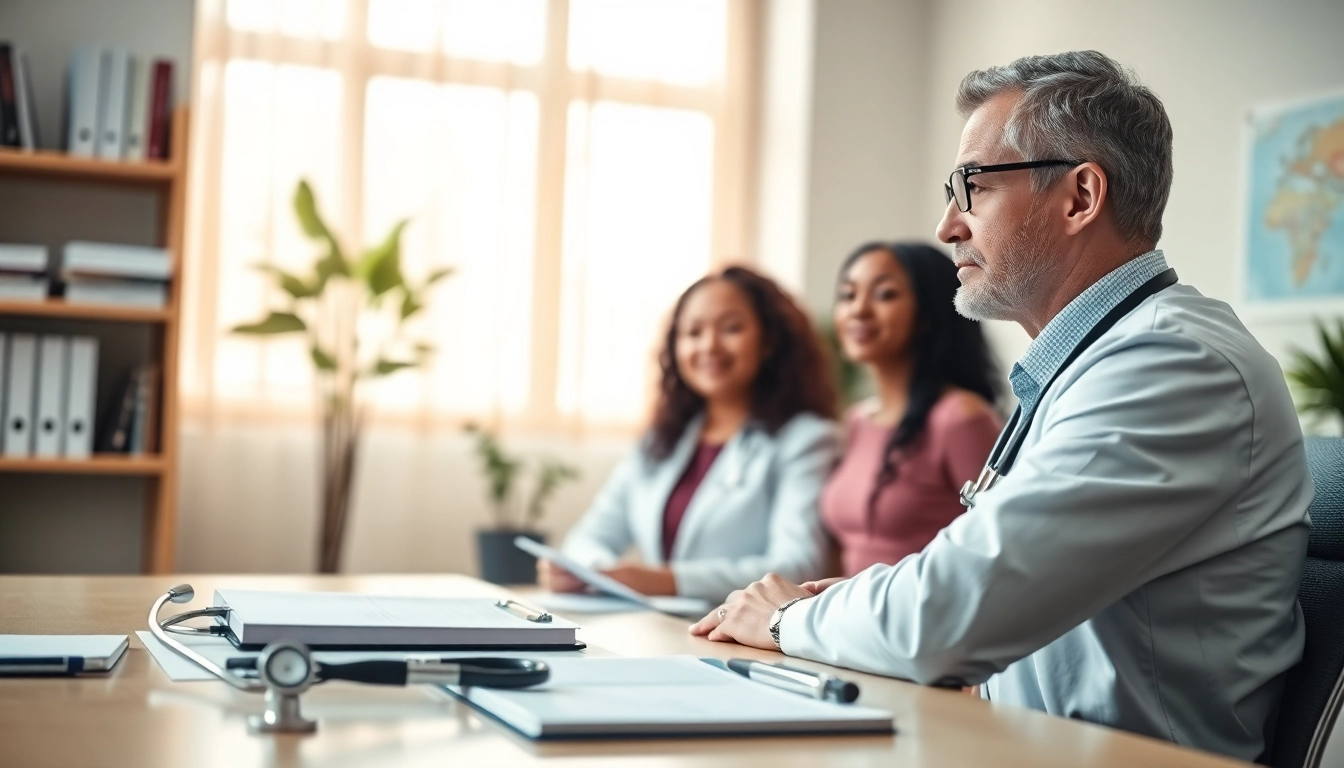 Engaging private gp consultation with diverse patient in a bright, professional office setting.