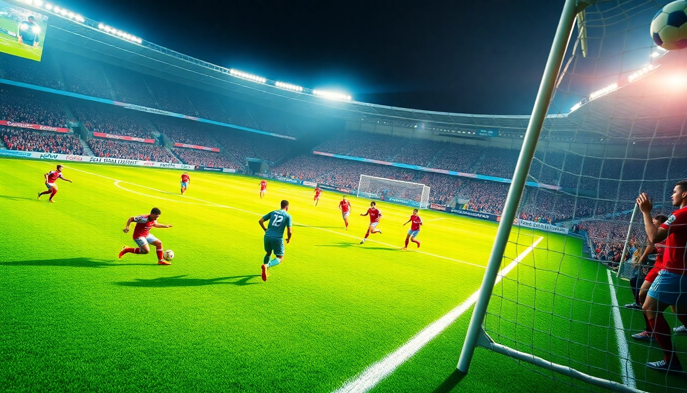 Engaging action in a soccer match highlighting โปรแกรมฟุตบอลวันนี้ with players and fan excitement.