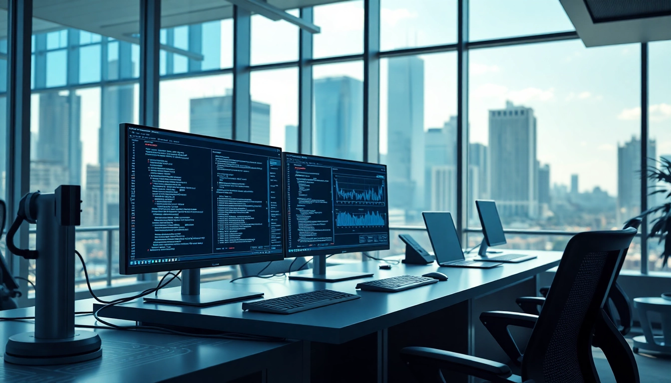 EORMC AI blockchain development visualization with innovative tech and analytical tools in a vibrant office space.