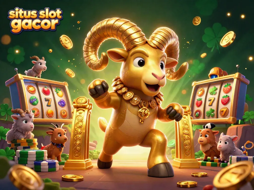 Ilustrasi 3D menunjukkan situs slot gacor dengan domba emas besar, simbol slot, dan koin jatuh dalam suasana kasino yang meriah.