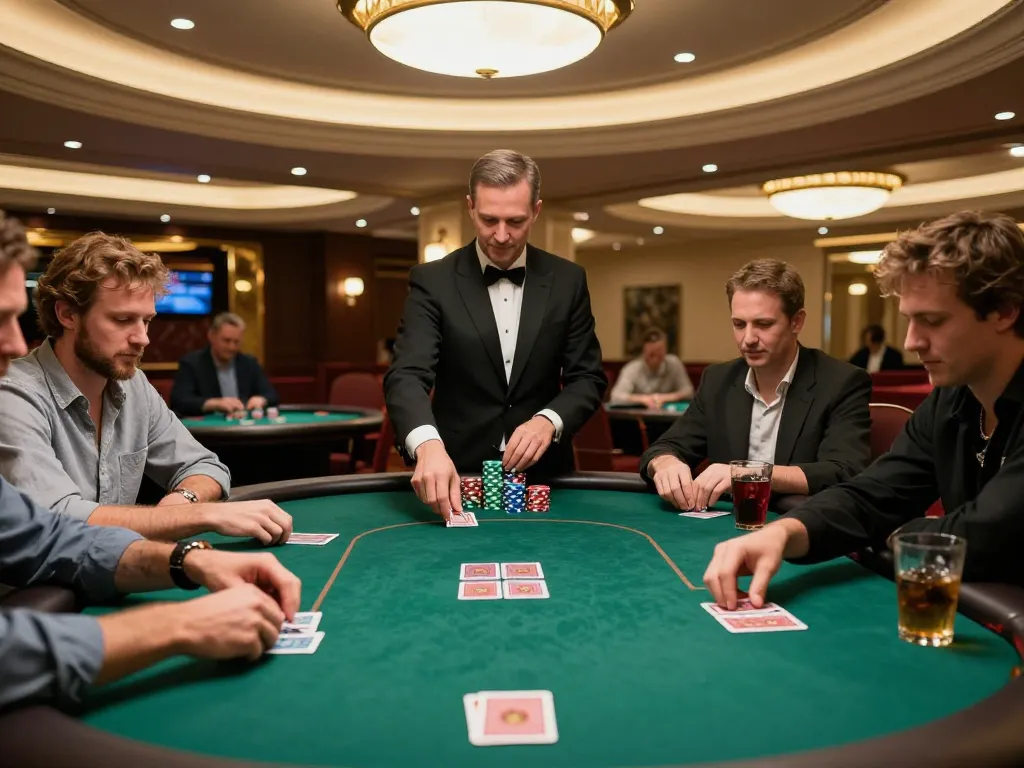 F168 poker players concentrate as dealer shuffles deck in luxurious casino setting.
