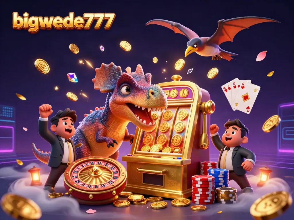 Experience a jackpot with bigwede777 as a pachycephalosaurus hits a golden slot machine, celebrating wins with coins.